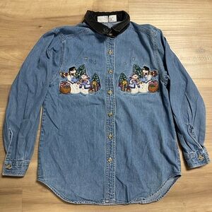 VTG Bobbie Brooks Denim Shirt Women SM Button Down Embroidered Christmas Winter